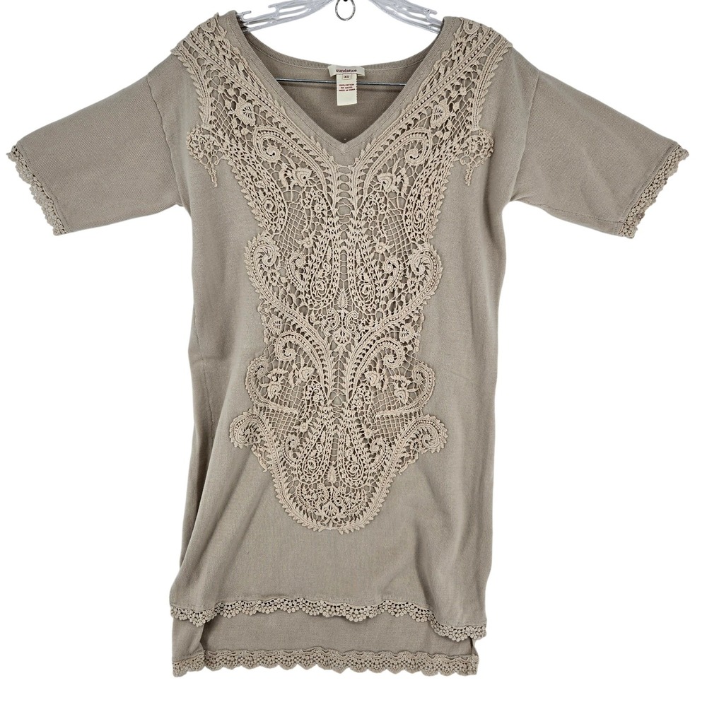 Sundance Tunic Sweater Womens XS Beige Crochet Lace Knit Boho Pullover Top